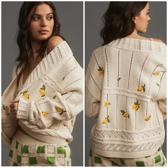 Anthropologie Sweaters - NWT Maeve Anthropologie Fruit-Embroidered Lemon 
Cardigan Sweater SZ S Petite